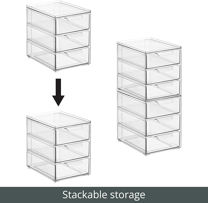 mDesign Plastic Stackable Organizer with 3 Drawers - Pull-Out Drawer Storage Bin for Bathroom Sink/Cabinet Organization - Perfect for Makeup, Small Towels, and More - Lumiere Collection, 4 Pack, Clear