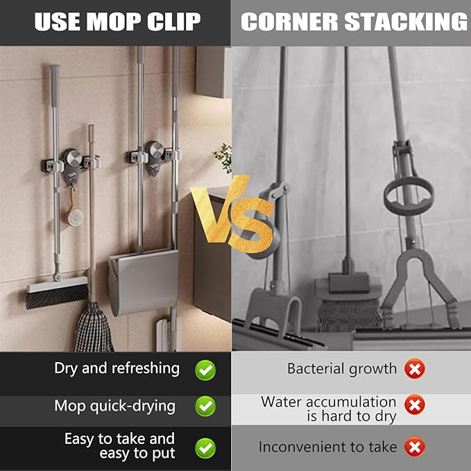 2PCS Suction Cup Broom Holder Wall Mount, No Drill Mop and Broom Organizer with Retractable Towel Rack, Transparent Bathroom Storage, GreyHome Decor