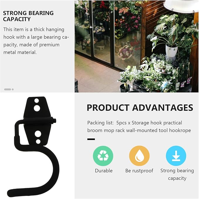 LIFKOME 5Pcs S-Type Wall Mounted Cleaning Tools Organizer Mop Broom Holder Wall Mounted Garage Tool Organizer (Black)