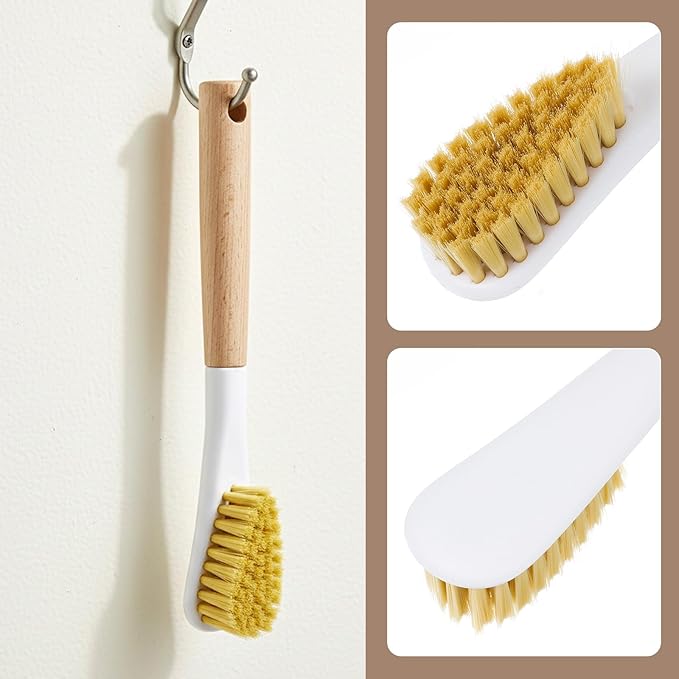 Wood Laundry Stain Brush with Soft Bristle, Stain Remover Brushes with Long Handle for Cleaning Shoes Clothes Fabric, Protable Laundry Scrub Brush for Stains on Clothes(Natural)