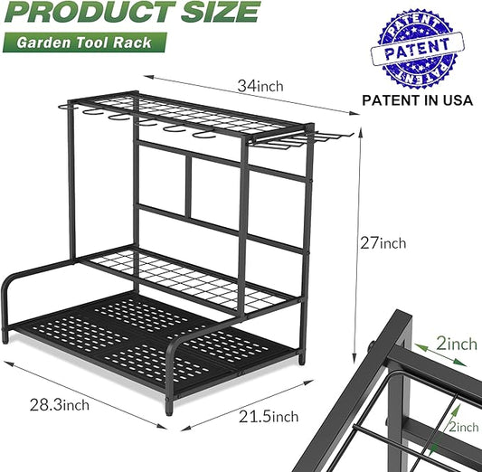 Garden Tool Organizer Rack Up to 39 Tools, Heavy-Duty Steel Yard Tool Organizer for Garage Storage with 12 Hooks, Broom Holder & Garden Tool Rack for Shed, Patio, Outdoor Storage, Black