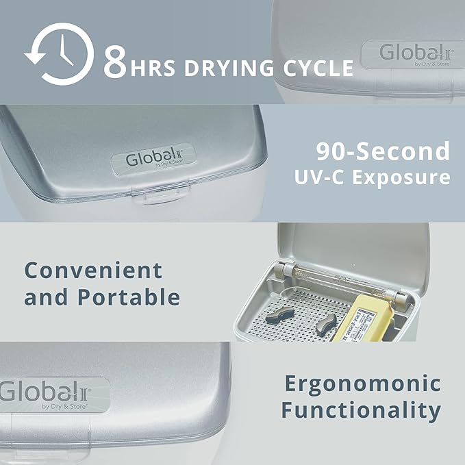 Global II by Dry & Store | Electric Hearing Aid Dehumidifier with UV-C Lamp Sanitizer