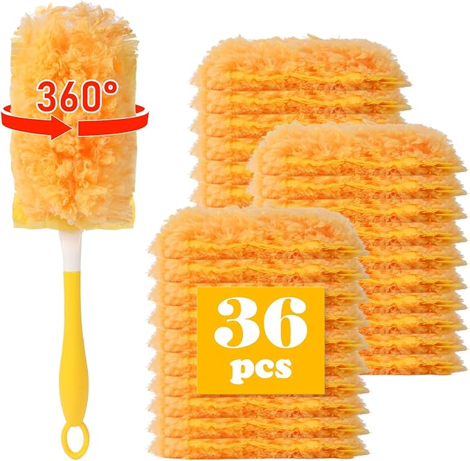 36 Pack Dusters Compatible with Swiffer Dusters for Cleaning, with 1 Handle, Multisurface 360° Dusters with 4X Microfibers, Disposable Heavy Duty Duster Refills, Helps Remove Allergens.