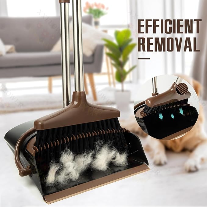 Broom and Dustpan Set with Long Handle, Light Weight Stainless Steel Poles Stand Upright Dustpans with Broom Combo for Home Kitchen Office Pet Dog Hair, 1-Pack (Black Brown)