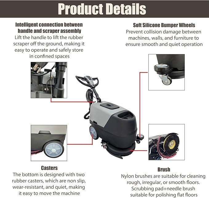 110V Commercial Floor Scrubbing Machine 16.9" Automatic Walk-Behind Floor Scrubber Dryer 13.2 Gallons of Dual Tanks for Warehouse/Office/Hotel 173RPM
