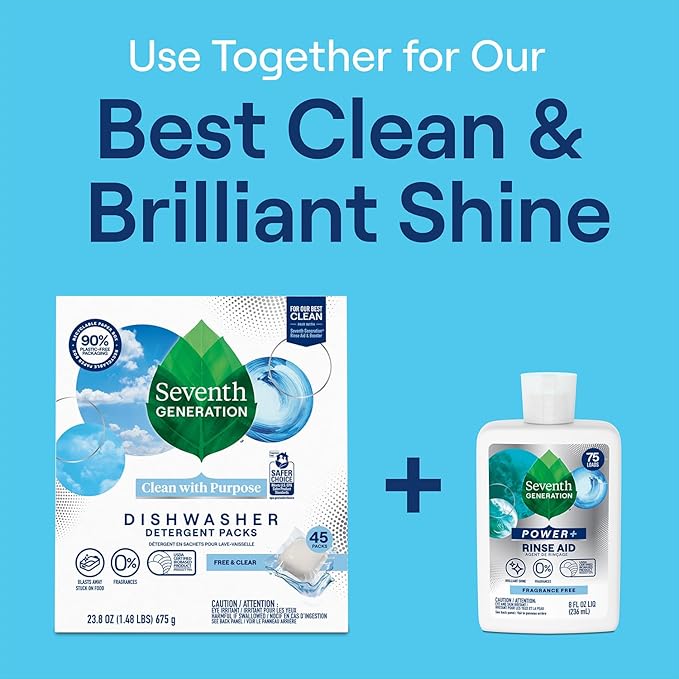Seventh Generation Dishwasher Detergent Powder + Rinse Aid, Free and Clear, Biodegradable, Plant-Based & Fragrance-Free, Septic Safe
