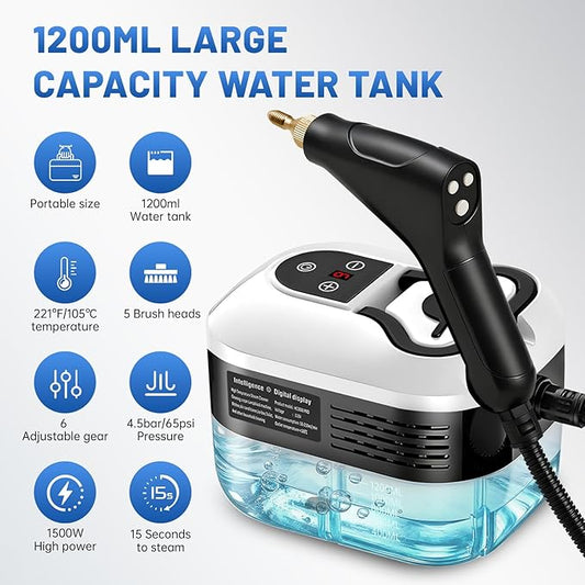 Pressurized Handheld Steam Cleaner for Home, 15s Fast Heat-Up, High-Temperature Steam, 6-Level Adjustable Control, 1.2L Large Tank, Portable Steamer for Kitchen, Tile, Grout, Floors, Car(White)