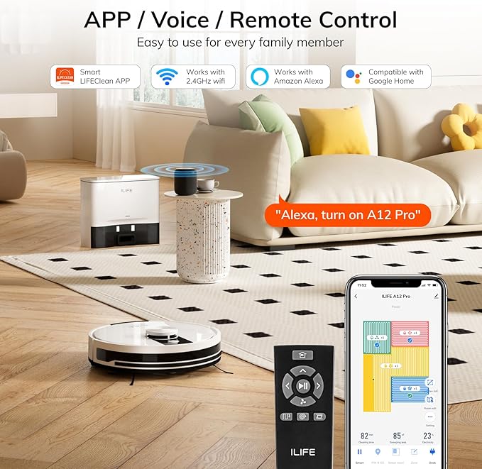 ILIFE A12 Pro Robot Vacuum and Mop Combo, Self Emptying Station for 60 Days, LiDAR Navigation, Home Mapping, No-Go Zones, 2.4G WiFi/App/Alexa/Remote Control, for Hard Floors, 110V
