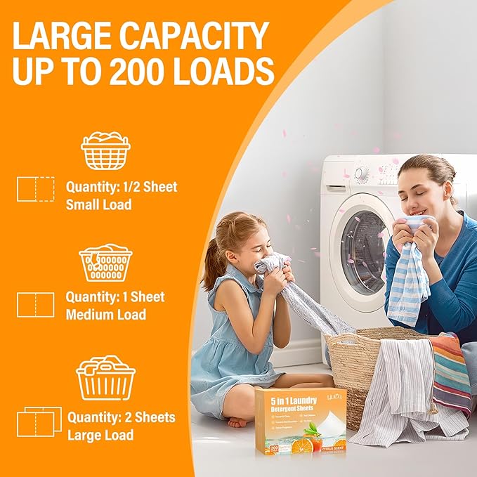 Laundry Detergent Sheets 200 Loads Citrus Scent Laundry Soap Sheets Compact Lightweight Liquidless Biodegradable Plastic Free Alternative to Liquid & Powder Detergent