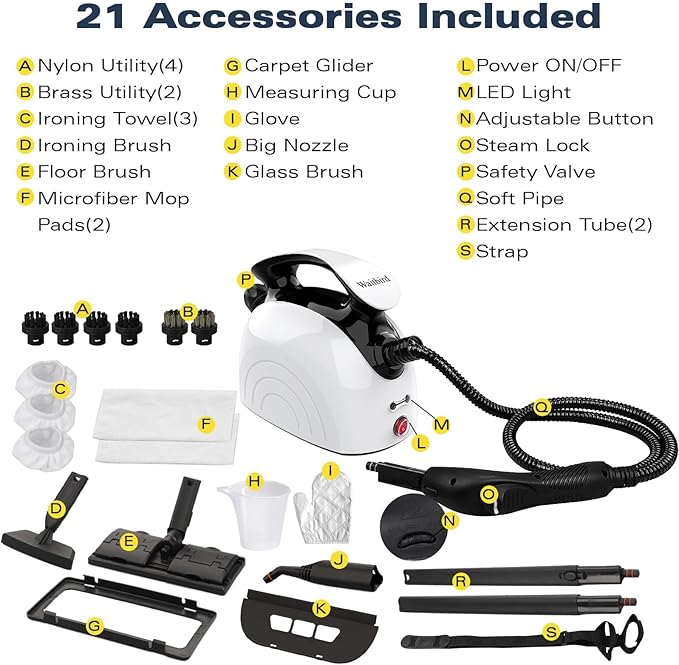 Steam cleaner, complete with 21 accessories, 248 °F high temperature, 1.1 l water tank, suitable for cleaning ovens, carpets, sofas, upholstery, toys and smooth floors.