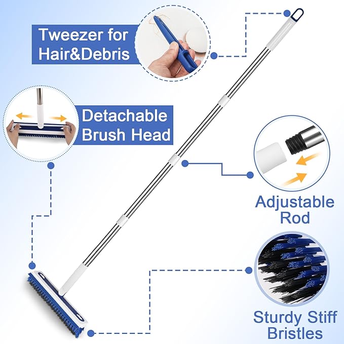 4-in-1 Floor Scrub Brush with Long Handle V-Shaped Crevice Brush Floor Scrubber Mop with Squeegee and Tweezer for Cleaning Gap Tile Bathroom Kitchen Patio Deck Garage