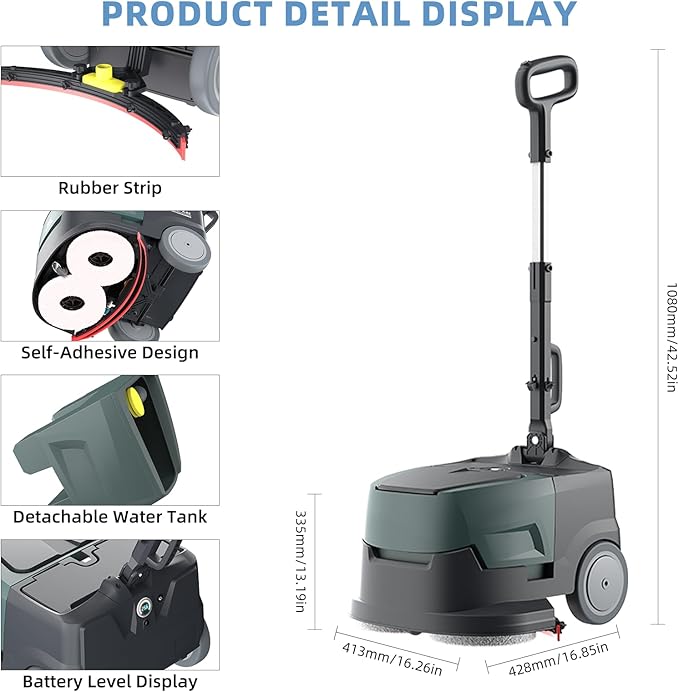 Mini Automatic Floor Scrubber Machine Battery Powered Walk Behind，Portable Commercial Floor Scrubber Machine，90-Minute Runtime, Includes 2 Hard Brush Soft Brush and 2 Scouring pads