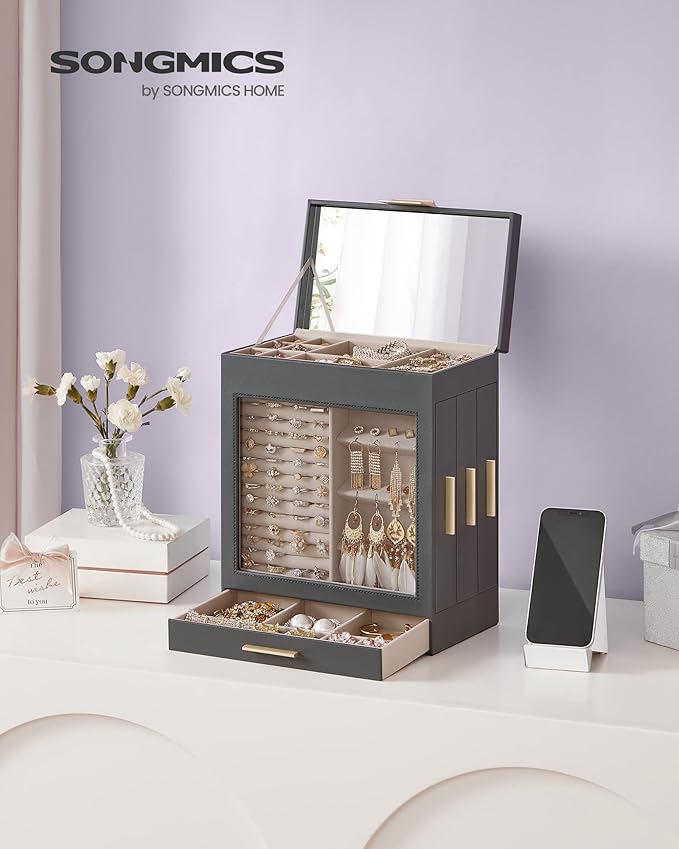 SONGMICS Jewelry Box with Glass Window, 5-Layer Jewelry Organizer with 3 Side Drawers, Jewelry Storage, with Big Mirror, Modern, 6.1 x 10.3 x 12.6 Inches, Slate Gray and Metallic Gold UJBC162G01
