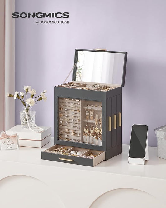SONGMICS Jewelry Box with Glass Window, 5-Layer Jewelry Organizer with 3 Side Drawers, Jewelry Storage, with Big Mirror, Modern, 6.1 x 10.3 x 12.6 Inches, Slate Gray and Metallic Gold UJBC162G01