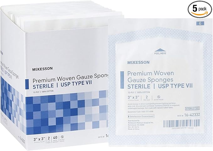 McKesson Premium Woven Gauze Sponges, Sterile, 12-Ply, USP Type VII, 100% Cotton, 3 in x 3 in, 2 per Pack, 40 Packs, 80 Total