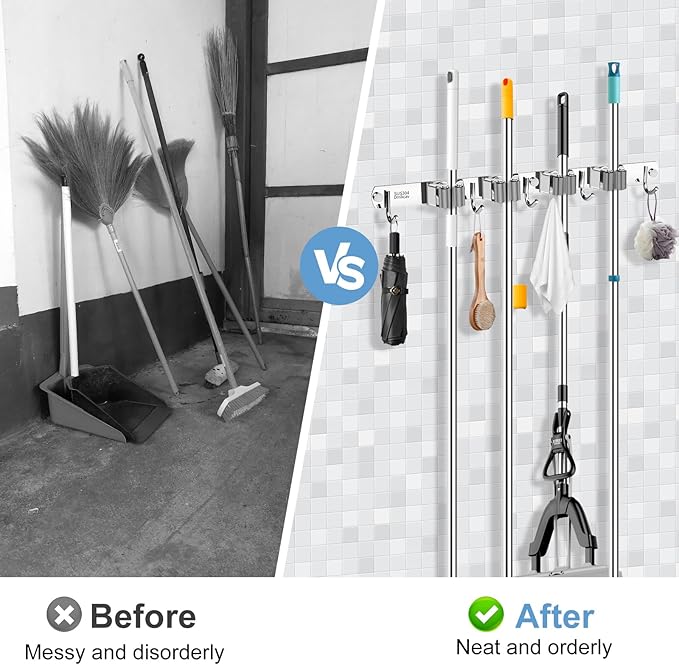 Mop and Broom Holder Wall Mounted, 4 Racks and 5 Hooks Broom, Upgraded Stainless Steel Broom Holder Self Adhesive, Broom Organizer, Tools Organizer for Home Kitchen bathroom Garden balcony