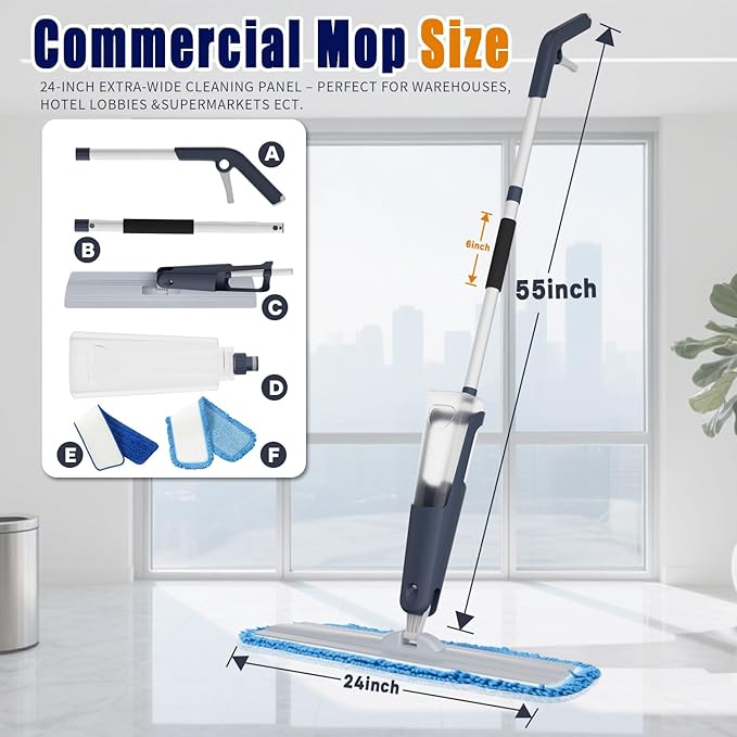 24" Dry mops for Floor Cleaning, Microfiber mop Spray System, Commercial Heavy-Duty Wet mops with 28oz Big Tank, 2 Washable Pads for Lobby, Pool, Factory, Office, Warehouse, Concert, Library (1)