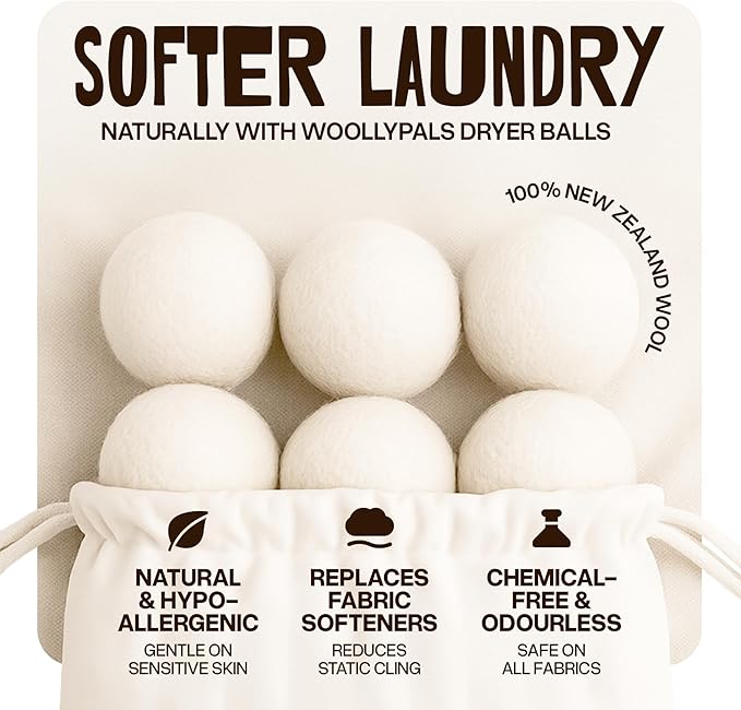 WoollyPals Dryer Balls (6-Pack, XL Size) - 100% New Zealand Wool - No More Dryer Sheets - Eco Dryer Balls - Reusable - Softens Laundry - Reduces Drying Time & Static - with Storage Bag (Plain White)