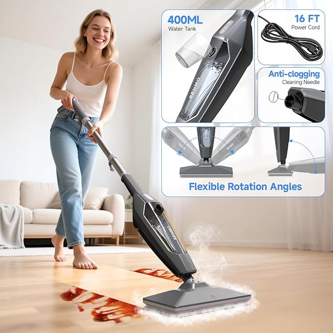 SENMO Steam Mop, 14-in-1 Detachable Steam Cleaner for Home and Floor, 1300W 228°F Deep Cleaning MultiPurpose Steamer with 14 Attachments for Floor, Tile, Grout, Furniture, Carpet, Wall (Black)
