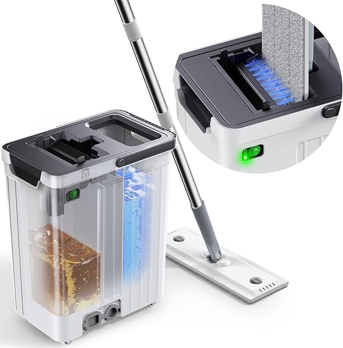 Mop and Bucket Set | Auto-Spray Cleaning | Dirty Water Separation Keep Water Fresh | Flat Mop & Bucket with Scraper | 3x Washable Pads | High-efficiency Cleaning for All Floors Tile Wall Window