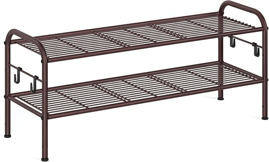 SONGMICS 2-Tier Shoe Organizer, Metal Shelf Storage With 4 Side Hooks, Holds 10 Pairs, Height-Adjustable Rack for Entryway, Hallway, Closet, Easy Assembly, Chestnut Brown
