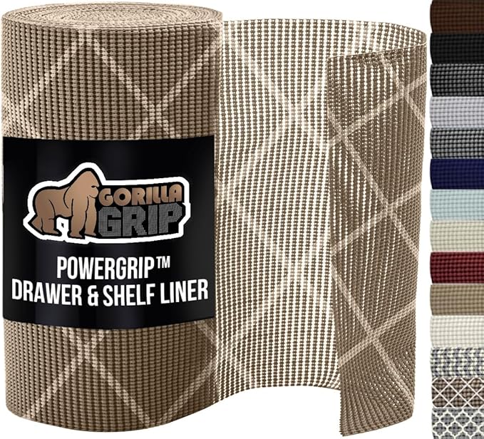 GORILLA GRIP powerGRIP Drawer Shelf and Cabinet Liner, Thick Strong Hold, Non-Adhesive Liners Protect Kitchen Cabinets and Cupboard, Bathroom Drawers, Easy Install, Breathable Mat, 17.5" x30', Beige