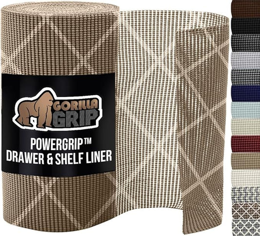 GORILLA GRIP powerGRIP Drawer Shelf and Cabinet Liner, Thick Strong Hold, Non-Adhesive Liners Protect Kitchen Cabinets and Cupboard, Bathroom Drawers, Easy Install, Breathable Mat, 12" x20', Beige
