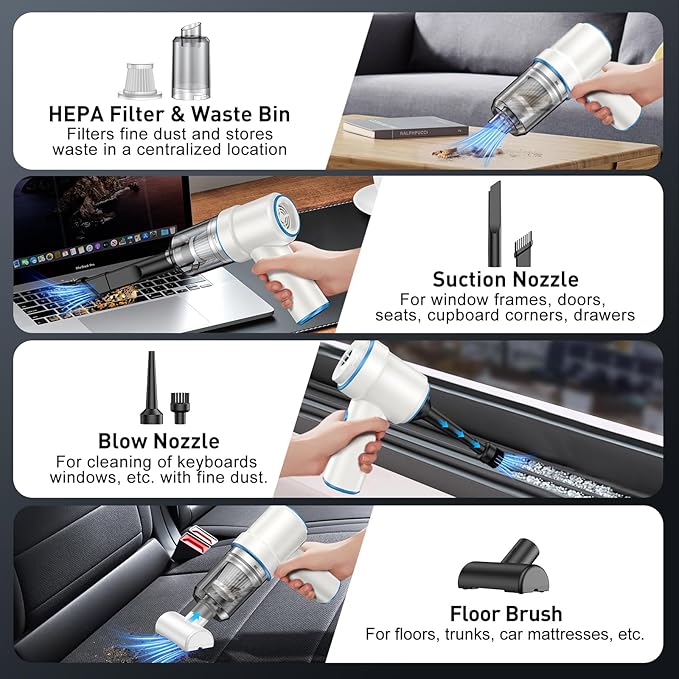 KMM Handheld Car Vacuum Cleaner, 11000PA Vacuum Cleaner & Air Duster, 120W High Power Vacuum Portable Cordless, Hand Held Vacuum Rechargeable with Multi-Nozzles & LED Light for Home, Car, Office