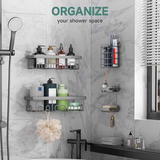 Veken Adhesive Shower Caddy 5-Pack,Heavy Weight Bearing,Large Wall Mounted Shower Shelves Rack,Organizer Storage Accessories with Soap Dish&Toothbrush Holder,Ideal for Bathroom,Home&Kitchen,Light Grey