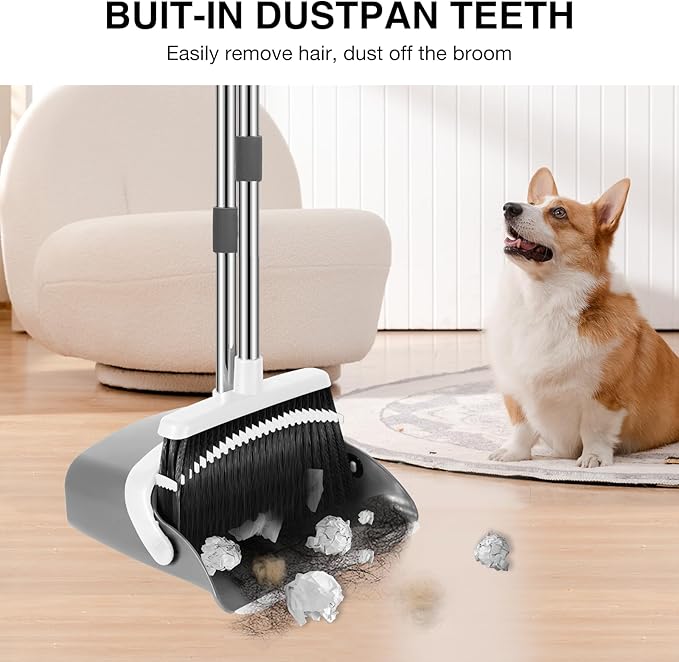 NACENA Broom and Dustpan Set, 52-in Long Adjustable Handle Broom Dustpan Combo with Dustpan Teeth to Automatically Clean Hair Suitable for Home Kitchen Office Hall Floor (Grey&White), 4 Pack