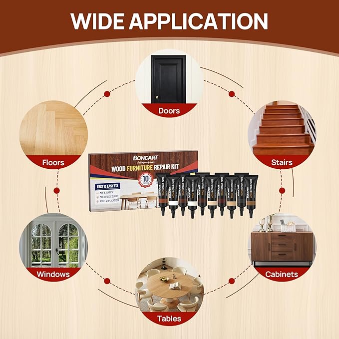 Wood Furniture Repair Kit, Wood Touch up Fillers, Repair Scratches, Cracks, Paint Chips, and Nail Holes on Furniture, Floors, Doors, Cabinets, and Tables (10 Colors)