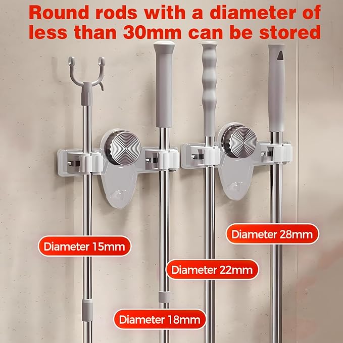 4 Pack Broom Holder Mop Hanger Wall Mount, No Drill Suction Cup Mop and Broom Organizer with Hooks, Space Saving Adjustable Rack Removable Mop Clip for Bathroom, Kitchen, Garage, Laundry Room