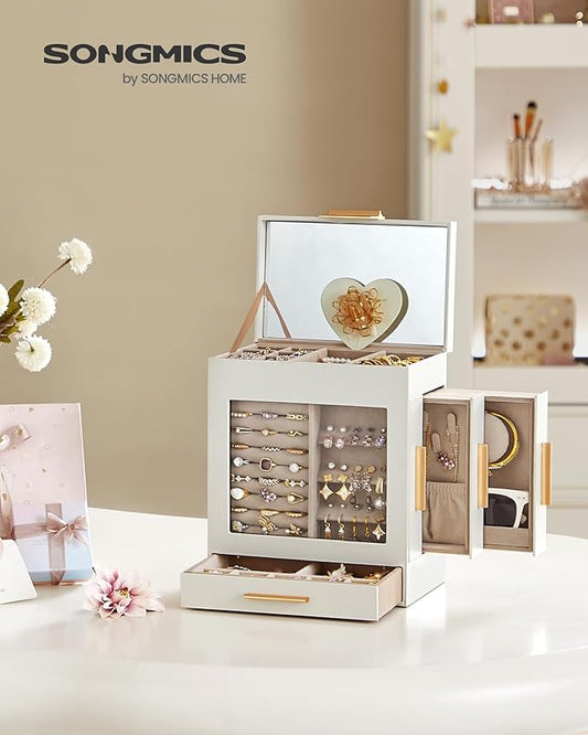 SONGMICS Jewelry Box with Glass Window, 5-Layer Jewelry Organizer with 3 Side Drawers, Jewelry Storage, with Big Mirror, Modern, 5.1 x 7.9 x 9.7 Inches, Cloud White and Metallic Gold UJBC172W01