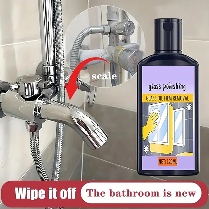 120ml Shower and Window Glass Cleaner, Oil Film Remover with Sponge, Household Glass Polishing Cleaner, Streak-Free Bathroom and KitchenGlass Solution for Toilet, Tub, Bathroom, Kitchen, Tile, Mirror