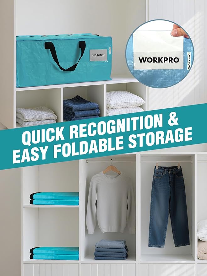 WORKPRO 10 Pack Extra Large Moving Bags with Zippers & Carrying Handles Backpack Straps, Heavy-Duty Storage Tote for Space Saving Moving Storage (Blue)