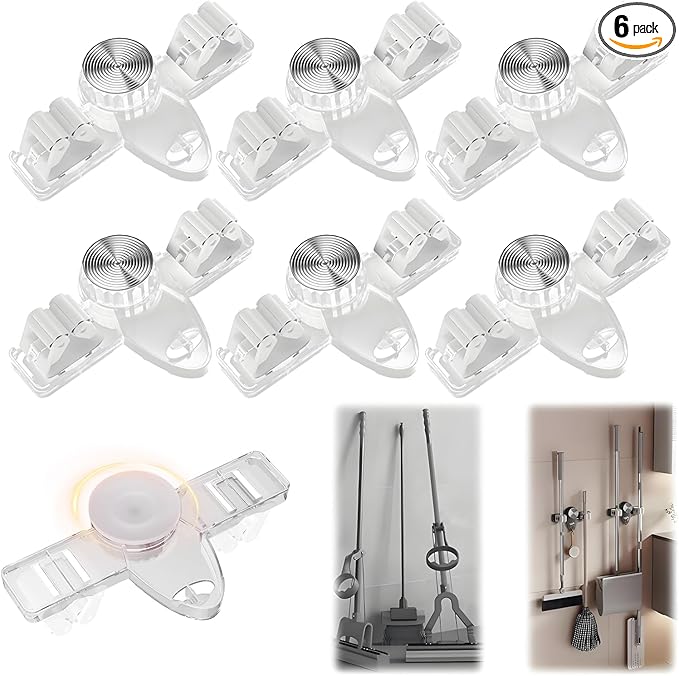 6 Pack Broom Holder Wall Mount Mop Hanger, No Drill Suction Cup Mop Broom Organizer with Hooks, Space Saving Rack Removable Mop Clip for Kitchen, Garage, Bathroom, Laundry Room