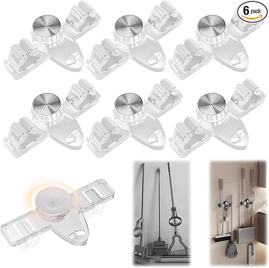 6 Pack Broom Holder Wall Mount Mop Hanger, No Drill Suction Cup Mop Broom Organizer with Hooks, Space Saving Rack Removable Mop Clip for Kitchen, Garage, Bathroom, Laundry Room