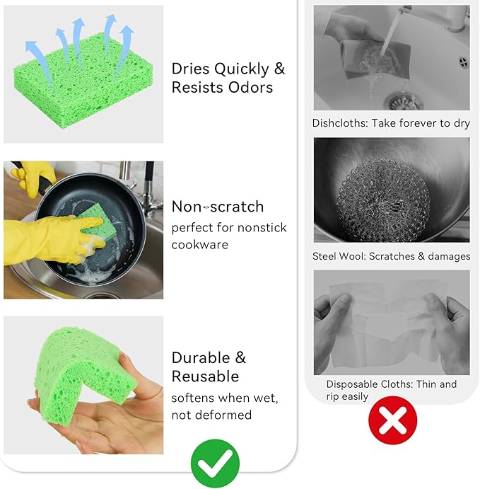 6 Pcs Kitchen Sponges for Dishes Cleaning, Non Scratch for Non Stick Cookware, Compressed Natural Cellulose Sponges, Dish Washing Scrubbers, Scrubbing Pads for Household, Bathroom (Green)