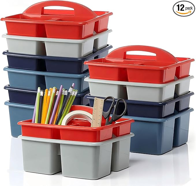 Kathfly 12 Pack Caddy Organizer with Handle, Stackable Organization Storage, Small Plastic Basket Classroom Caddy for Table Desk Office Pencil Kids Room Craft Art Teacher School Supplies (Blue Red)
