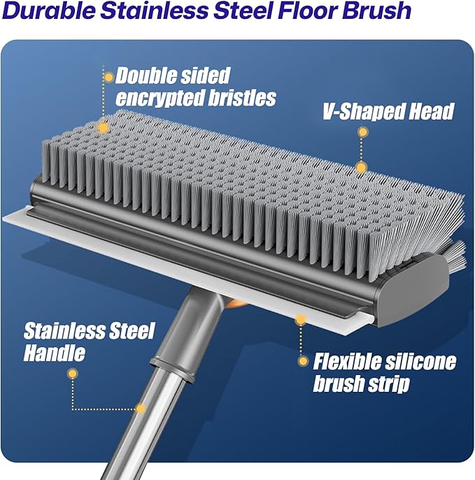 3-in-1 Floor Scrub Brush with Long Handle, Scrape and Heavy-Duty Stiff Bristle Floor Scrubber Brush with Squeegee and Tweezer for Cleaning Tile Wall Deck Bathroom Patio Garage Kitchen