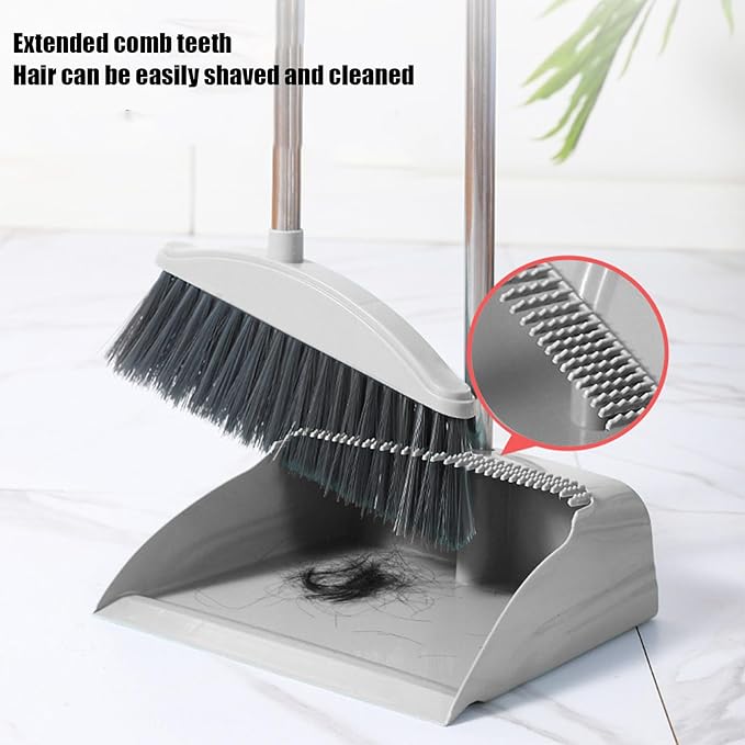 Broom and Dustpan Set for Home Indoor 180 Rotatable Broom with Dustpan Combo Set for Office Home Kitchen Lobby Floor Cleaning Broom Dustpan for Indoor & Outdoor Sweeping (Gray)