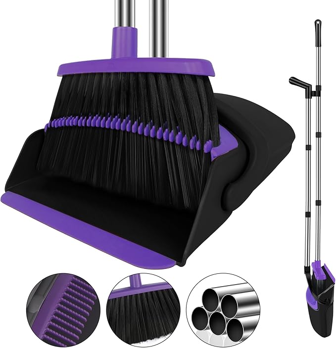 Broom with Dustpan Combo Set, 51" Household Dustpans and Broom, Standing Dust Pan Set for Home, Purple Cleaning Set for Kitchen Lobby Indoor Outdoor
