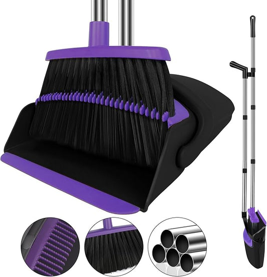 Broom with Dustpan Combo Set, 51" Household Dustpans and Broom, Standing Dust Pan Set for Home, Purple Cleaning Set for Kitchen Lobby Indoor Outdoor