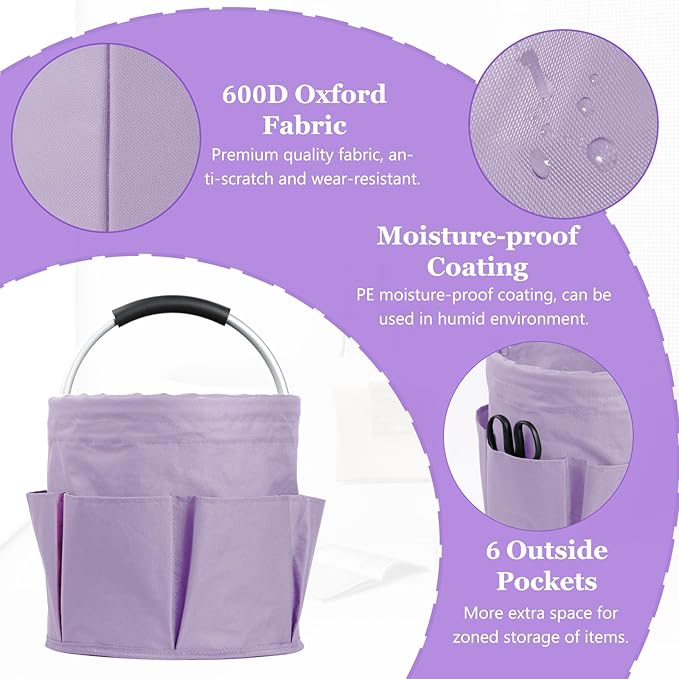 2PCS 17L Caddy Organizer with Handle, 600D Oxford Cloth Shower Caddy with 6 Pockets, Collapsible Cleaning Supplies Caddy, Storage Organizer for Cleaning, Traveling, Gardening, Purple