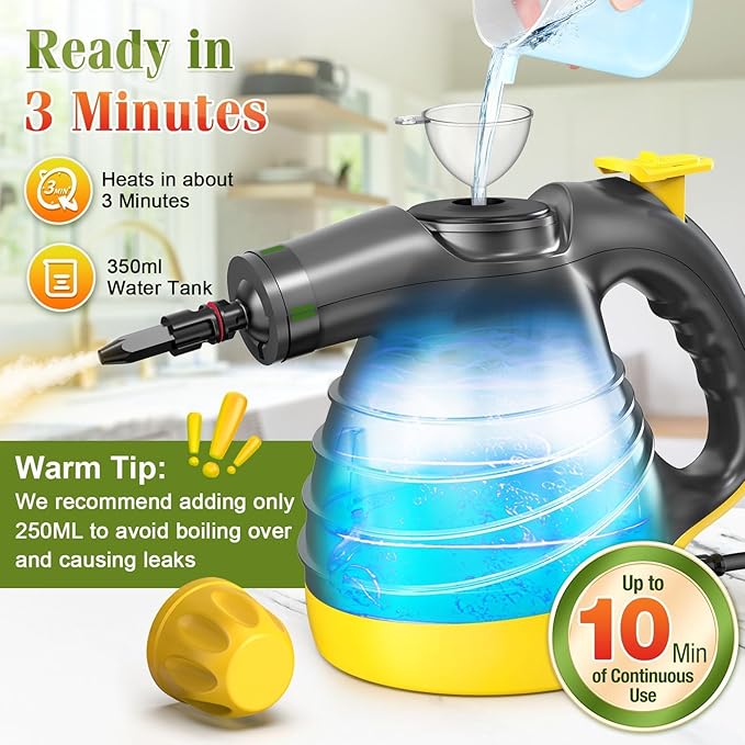 Handheld Steam Cleaner - 275°F High-Temp Fast Heating Multi-Surface Steamer for Cleaning, 100% Chemical-Free Pet Safe Portable Steam Cleaner for Home/Bath/Window/Car Detailing/Upholstery/Couch/Grout