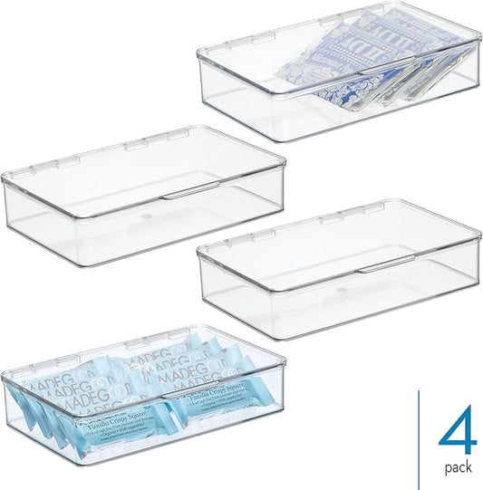 iDesign Plastic Stackable Hinged-Lid Pantry or Kitchen Storage Box - Set of 4 - Clear