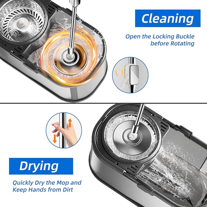 Spin Mop and Bucket with Wringer Set for Home,360° Mop and Bucket with Separate Clean and Dirty Water,Wet Dust Mop for Floor Cleaning with Extra Refills (Silver)