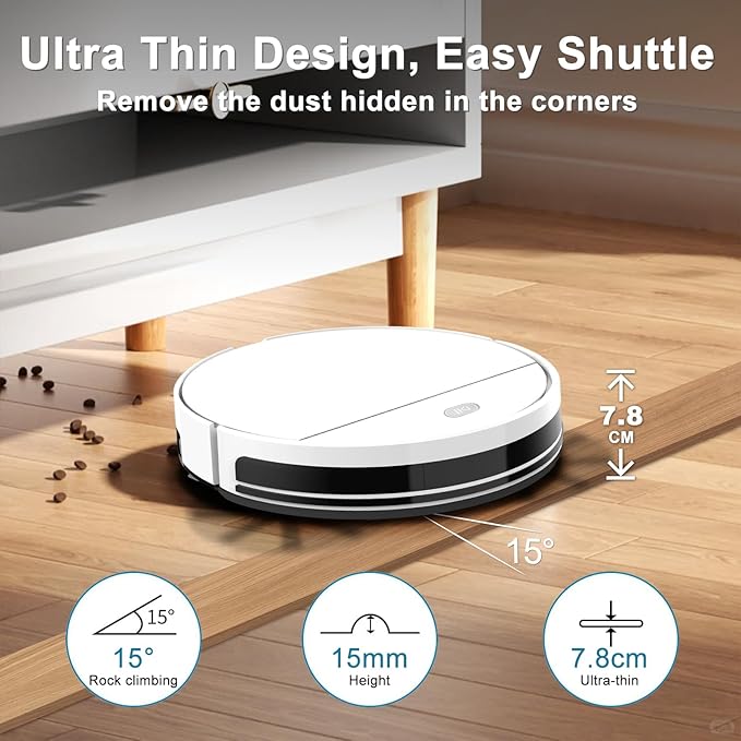 Robot Vacuum and Mop Combo, Up to 4500Pa Strong Suction, 2 in 1 Super Thin Robotic Vacuum Cleaner with App/Remote/Voice Control, Self-Charging, Slim for Pet Hair, Hard Floor, Low-Pile Carpet White