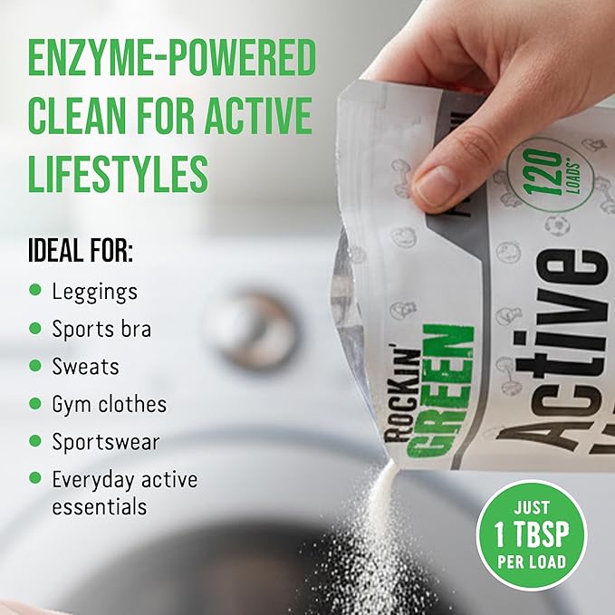 Rockin' Green Laundry Detergent, Plant based, All Natural Laundry Detergent Powder, Vegan and Biodegradable Odor Fighter, Safe for Sensitive Skin (Active Wear 120 Loads - Unscented)
