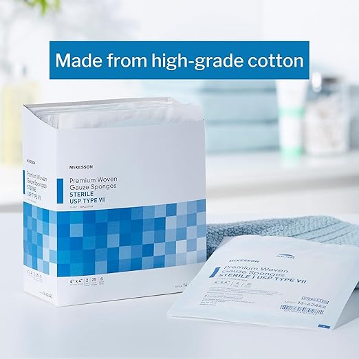 McKesson Premium Woven Gauze Sponges, Sterile, 12-Ply, USP Type VII, 100% Cotton, 4 in x 4 in, 2 per Pack, 25 Packs, 50 Total